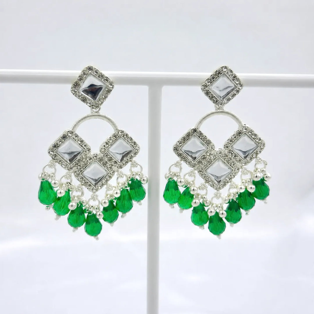 Kundan Square Emerald Bead Drop Earrings