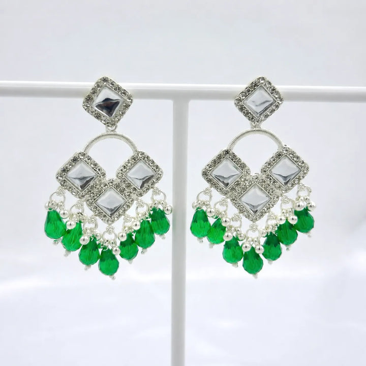 Kundan Square Emerald Bead Drop Earrings
