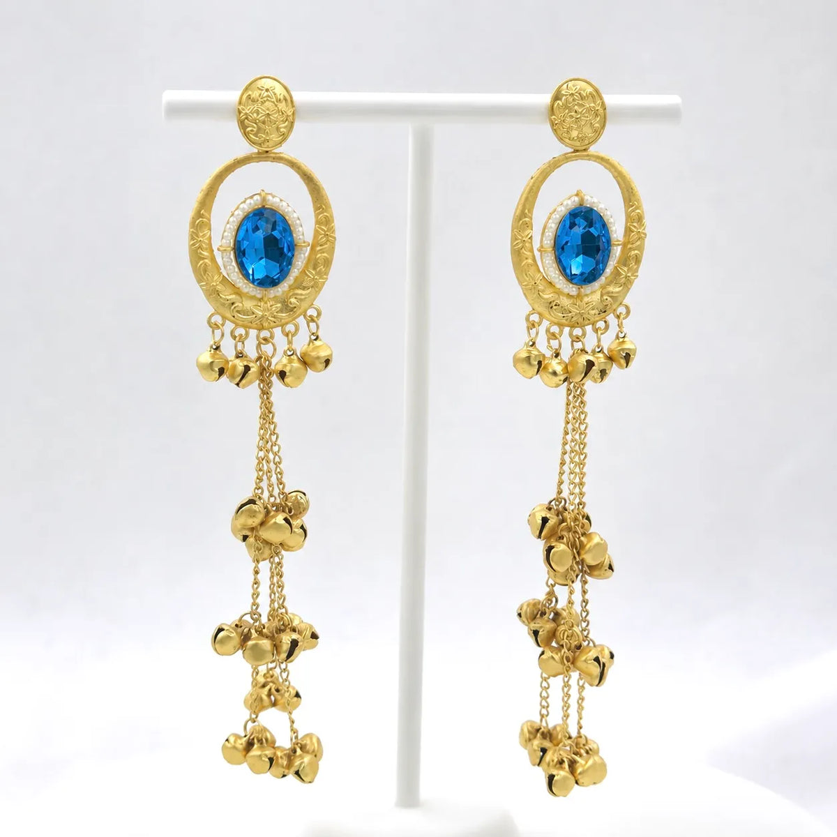 Blue crystal kashmiri jhumka drop earrings