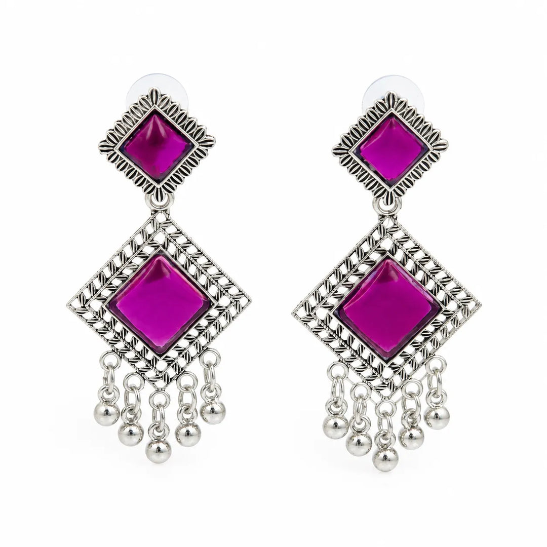 Purple Square Oxidised Silver Earrings