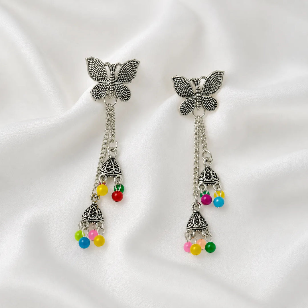 Oxidised Butterfly Chain Jhumka Earrings