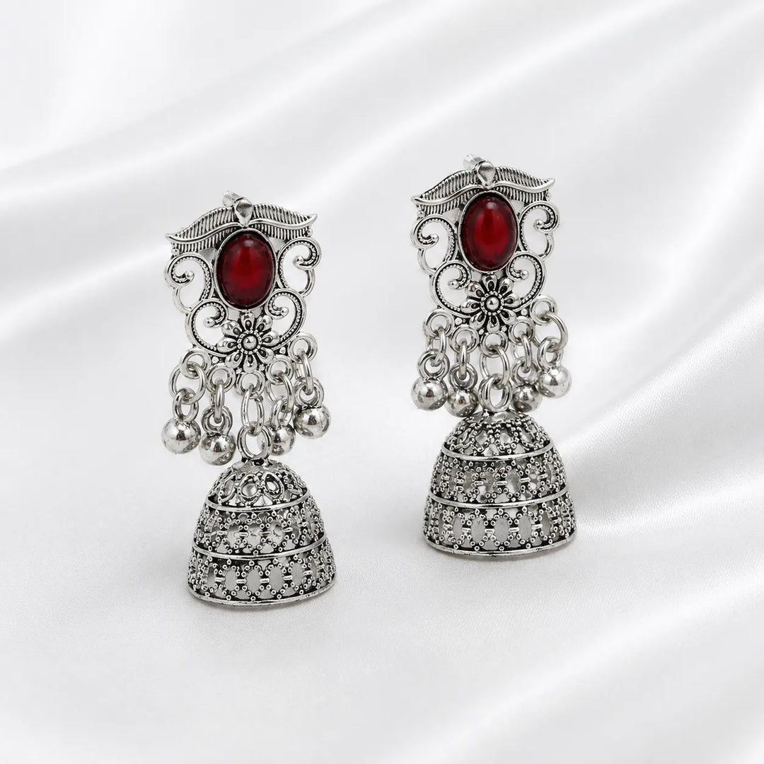 Red Stone Oxidised Filigree Jhumka Earrings