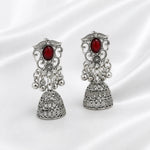 Load image into Gallery viewer, Red Stone Oxidised Filigree Jhumka Earrings
