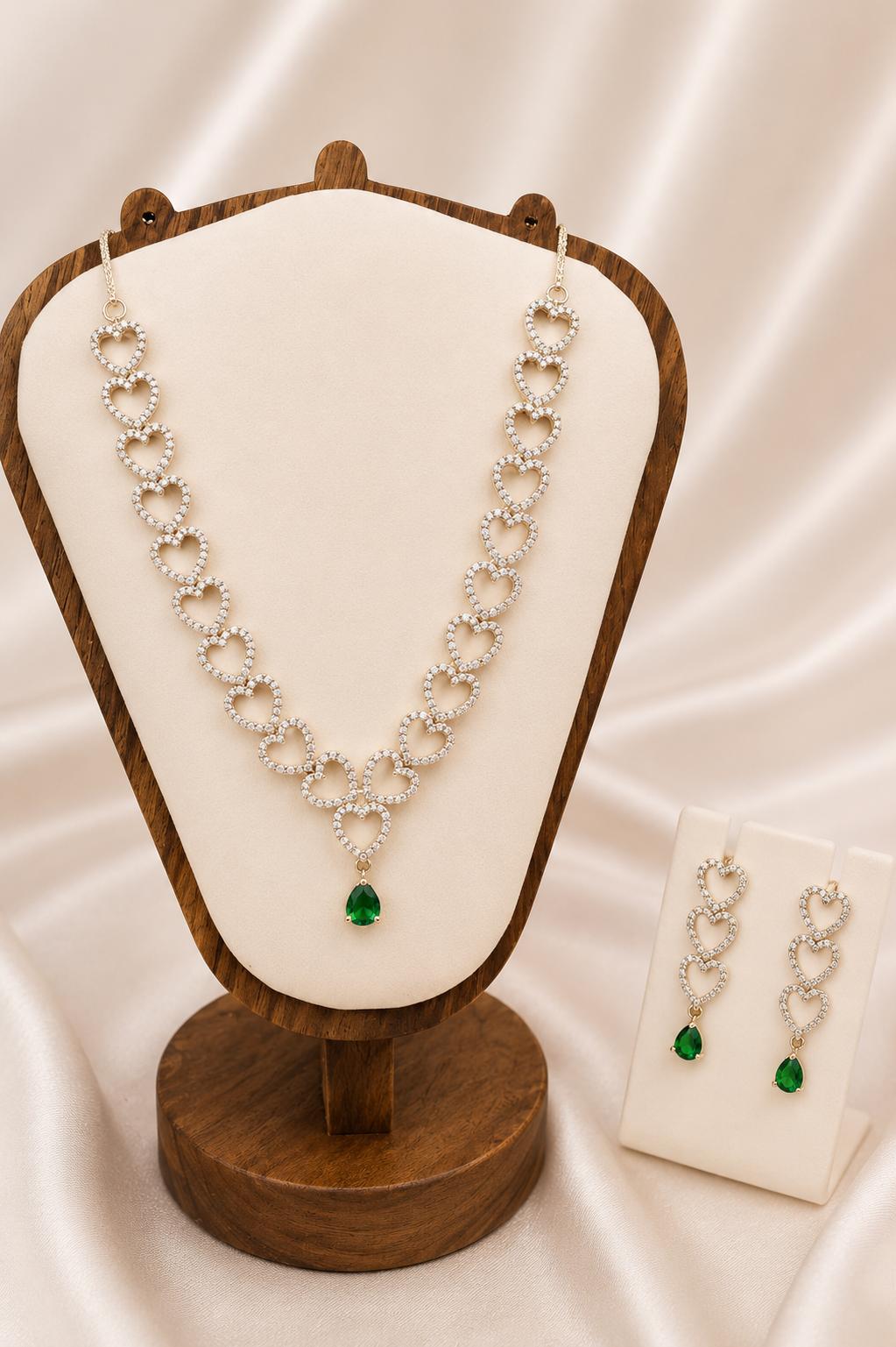 Linked Hearts Emerald Green Drop Necklace Set