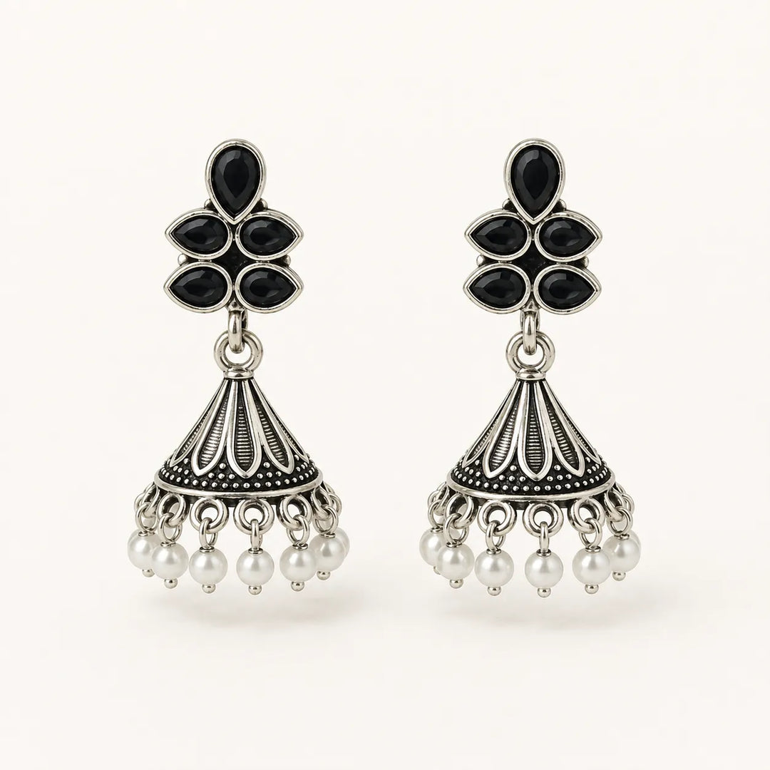 Oxidised Floral Top Bell Jhumka with Pearl Drops