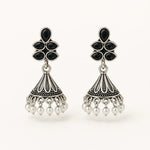 Load image into Gallery viewer, Oxidised Floral Top Bell Jhumka with Pearl Drops
