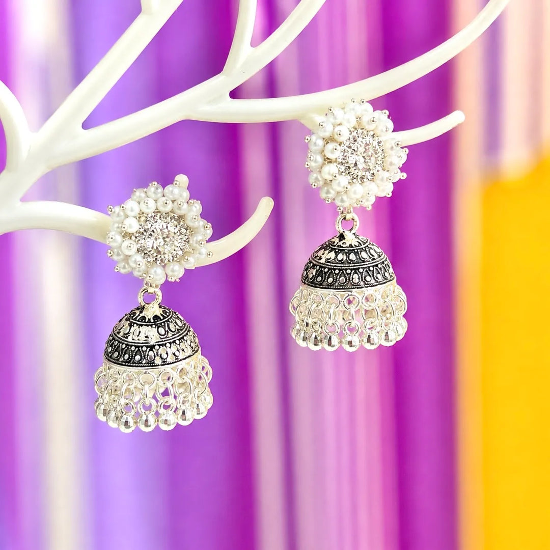 Silver Pearl Cluster Jhumka Earrings