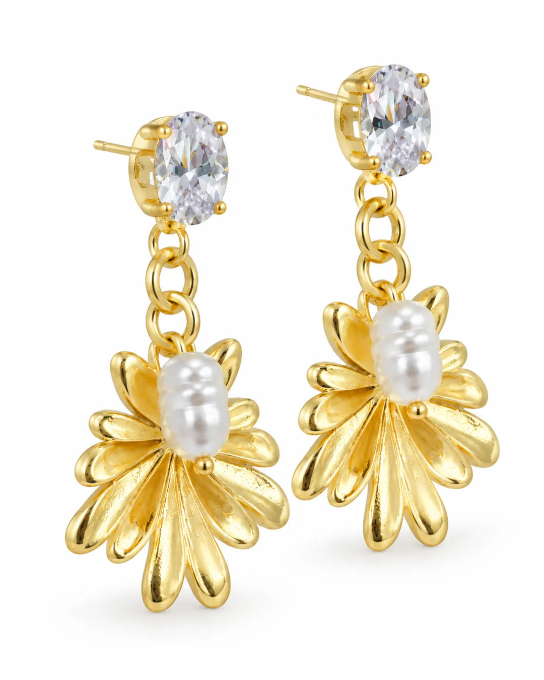 Ruvique Gold Sunburst Pearl Chain Drop Earrings