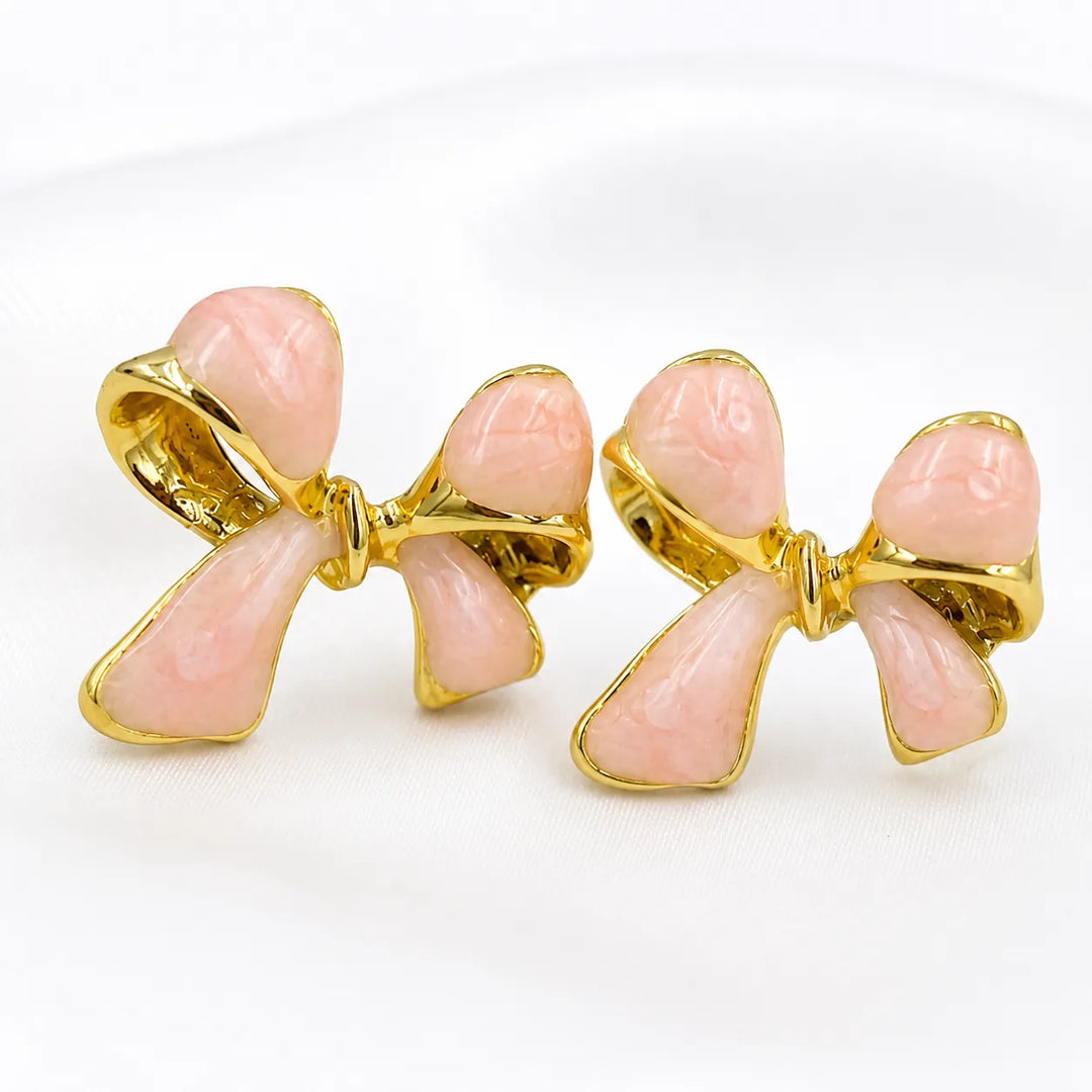 Blush Bow Gold Rim Stud Earrings