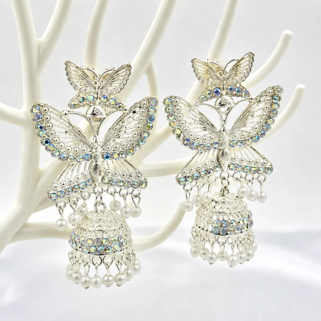 Silver Crystal Butterfly Jhumka Earrings