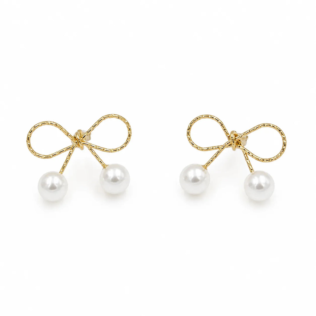 Gold Bow Double Pearl Drop Earrings