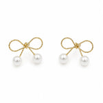 Load image into Gallery viewer, Gold Bow Double Pearl Drop Earrings
