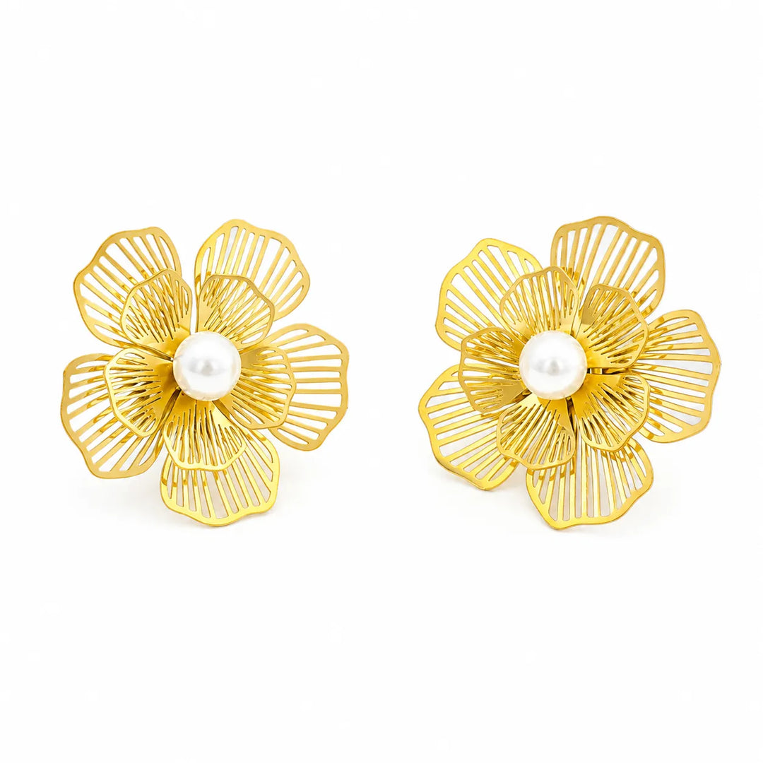 Golden Filigree Flower Pearl Stud Earrings