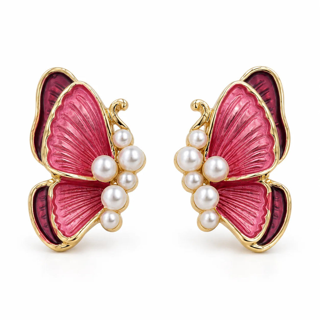Ruvique Butterfly Pearl Enamel Stud Earrings – Hot Pink Fuchsia variant