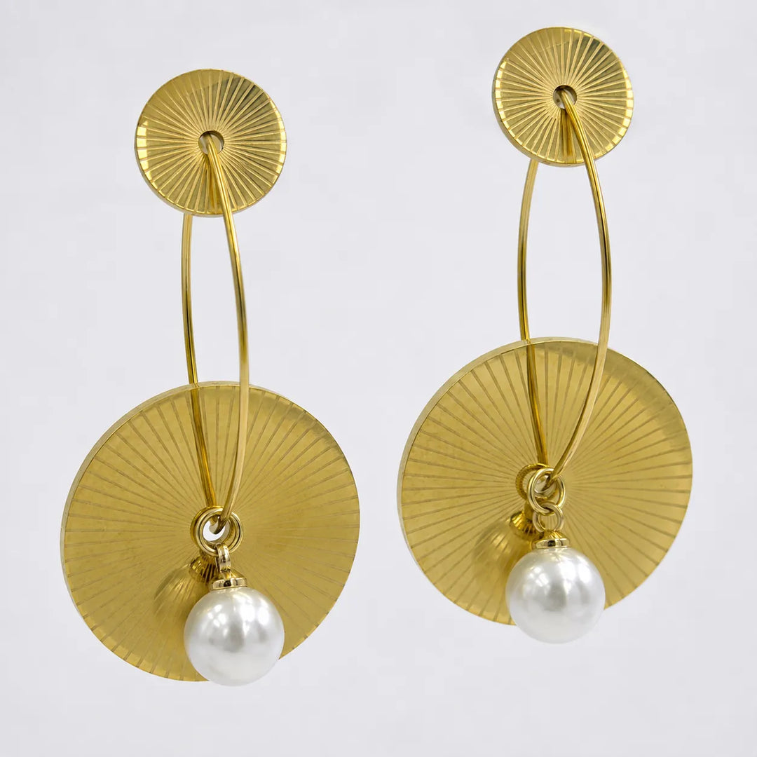 Sunburst Disc Pearl Drop Earrings