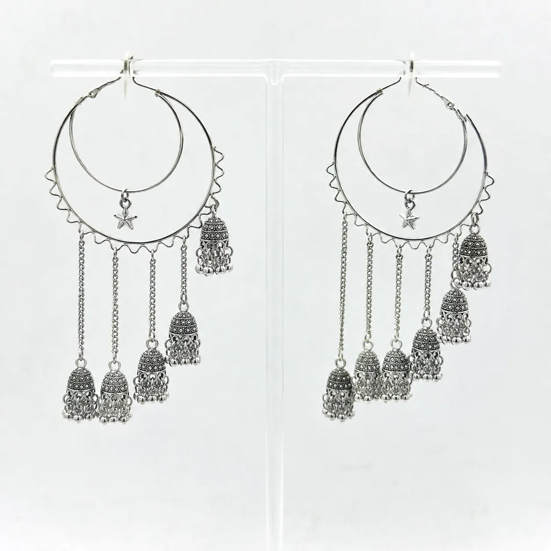 Crescent Moon Multi Jhumka Tassel Hoop Earrings