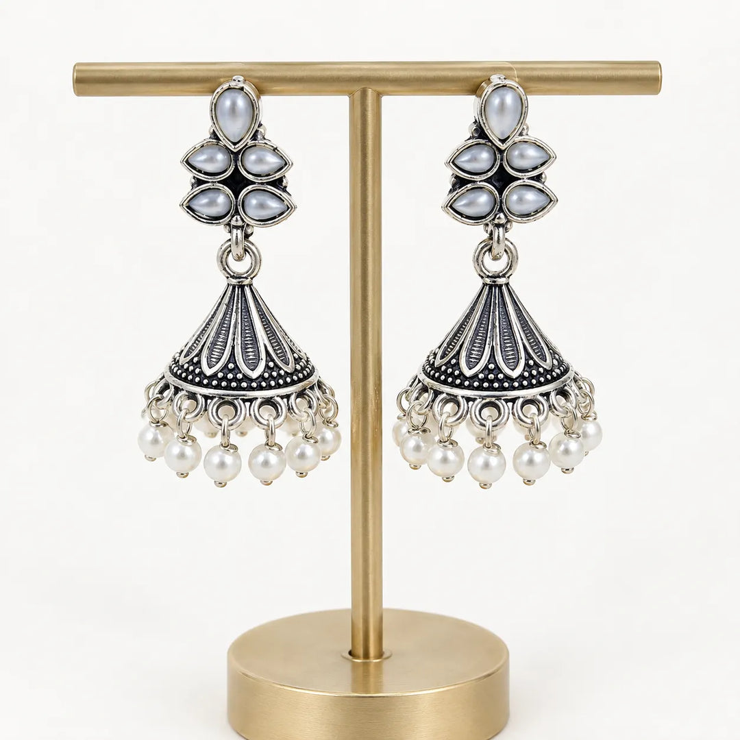 Oxidised Floral Top Bell Jhumka with Pearl Drops
