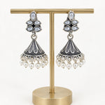 Load image into Gallery viewer, Oxidised Floral Top Bell Jhumka with Pearl Drops
