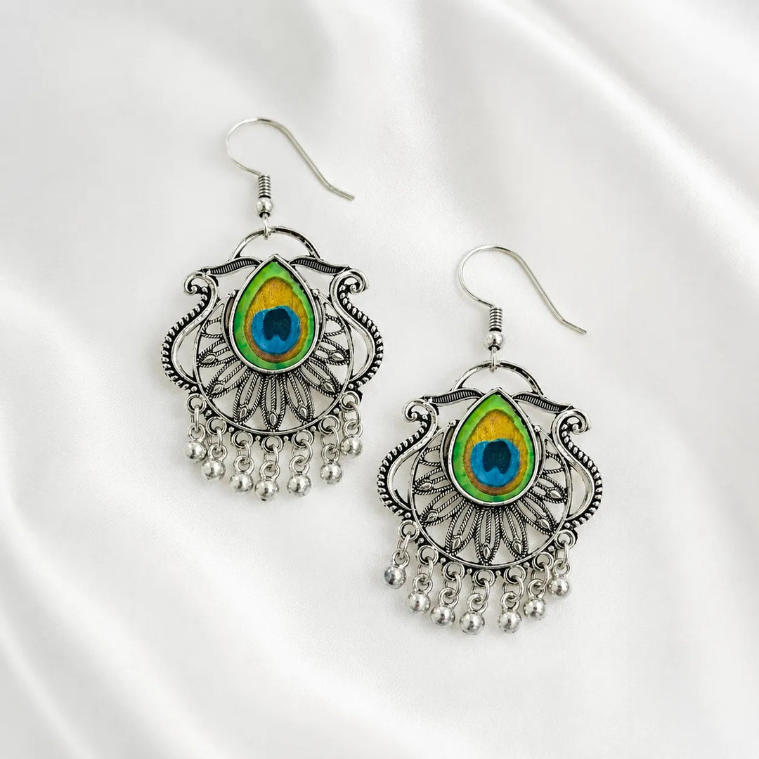 Peacock Feather Oxidised Silver Earrings
