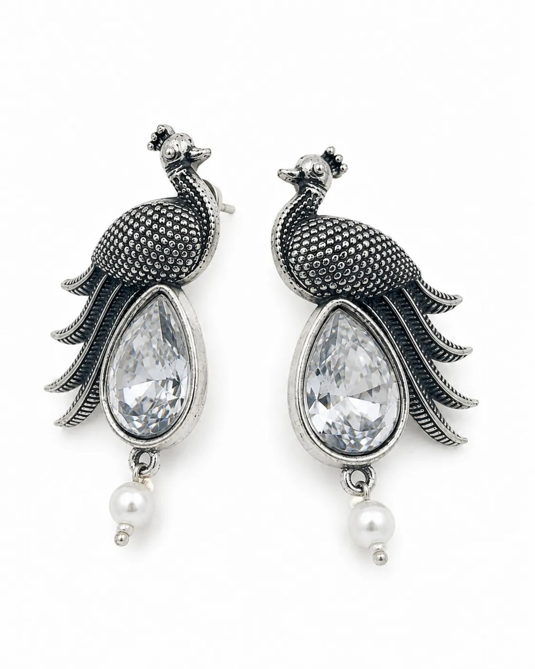 Oxidised Peacock Stone Pearl Drop Earrings