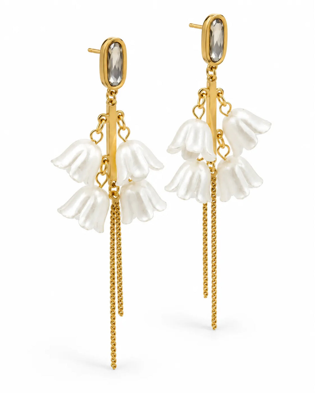 Grey CZ Gold Bar Bell Flower Tassel Drop Earrings