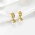 Load image into Gallery viewer, Double Leaf Crystal Pearl Dangle Earrings

