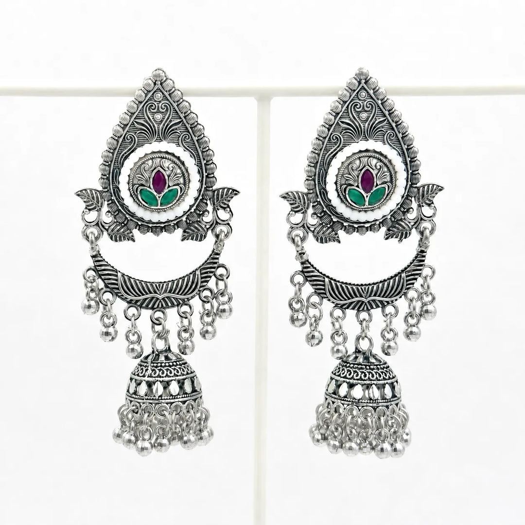 Oxidised Lotus Chandbali Jhumka Earrings