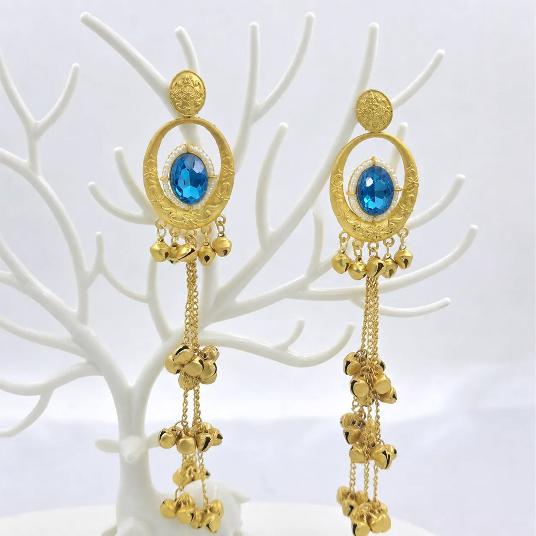 Blue Crystal Kashmiri Jhumka Drop Earrings