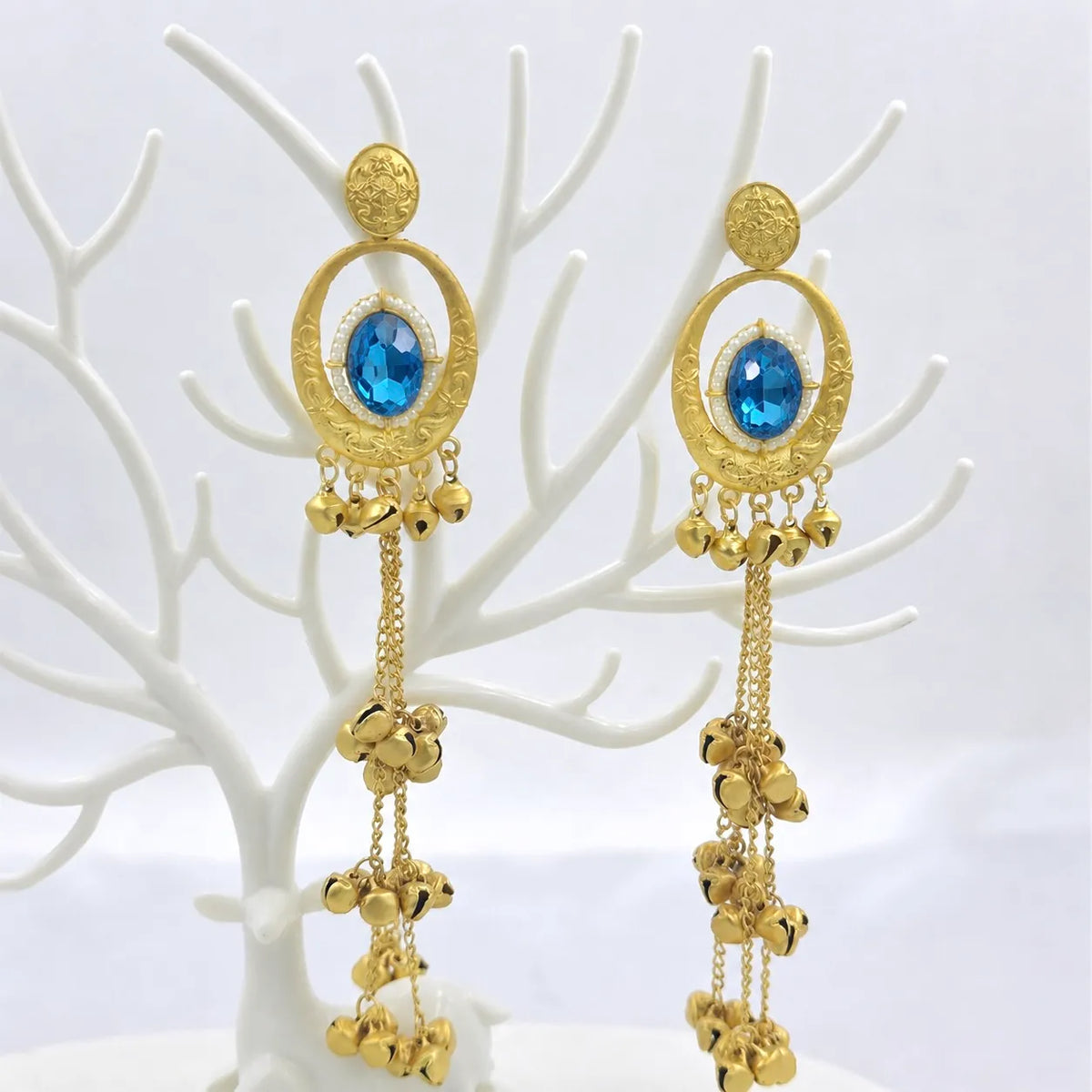 Blue crystal kashmiri jhumka drop earrings