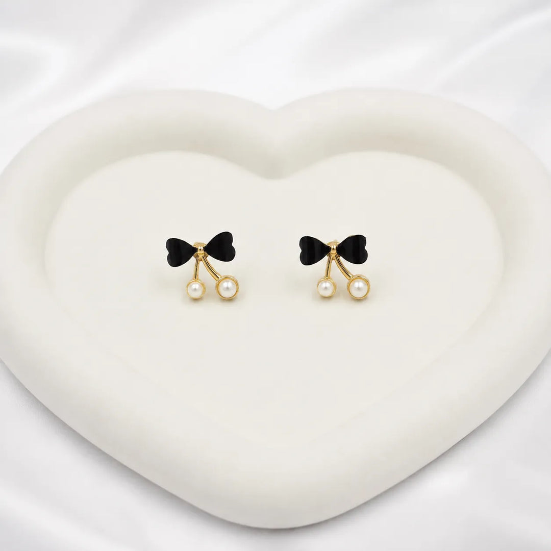 Black Bow Pearl Cherry Earrings