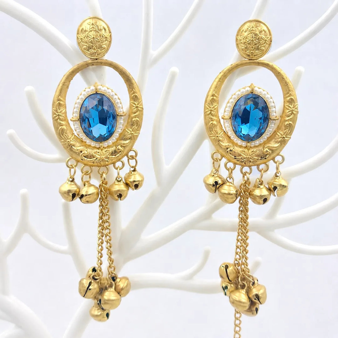 Blue Crystal Kashmiri Jhumka Drop Earrings
