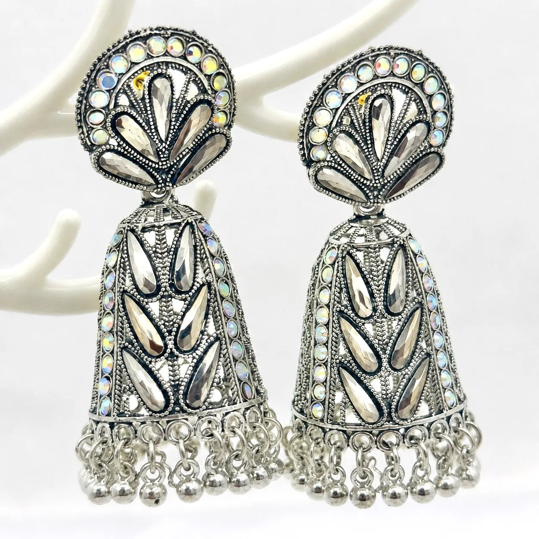 Mirror Stone Oxidised Jhumka Earrings