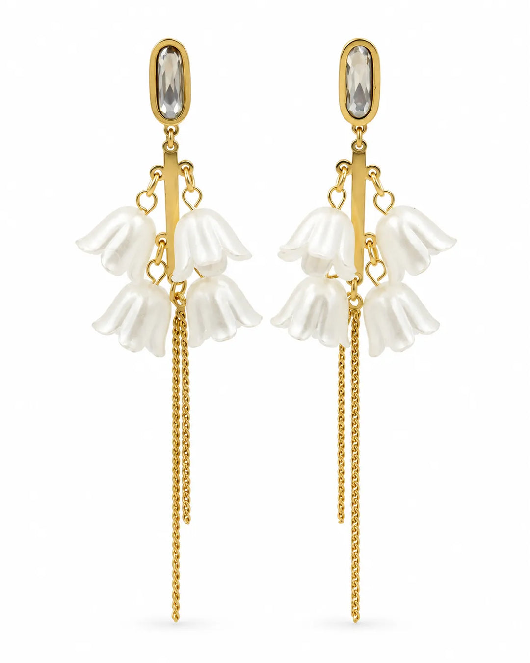 Grey CZ Gold Bar Bell Flower Tassel Drop Earrings