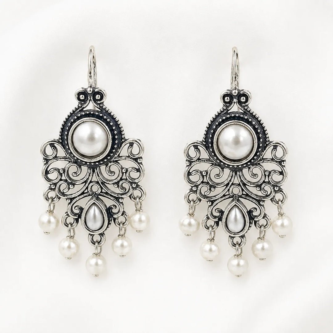 Oxidised Filigree Chandelier Pearl Drop Earrings