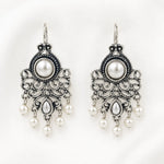 Load image into Gallery viewer, Oxidised Filigree Chandelier Pearl Drop Earrings
