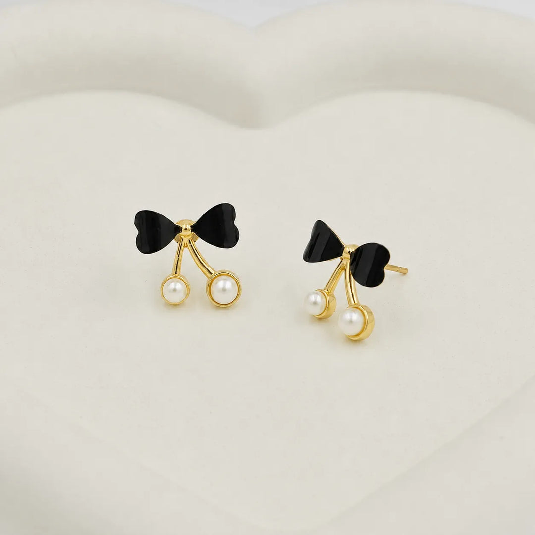 Black Bow Pearl Cherry Earrings