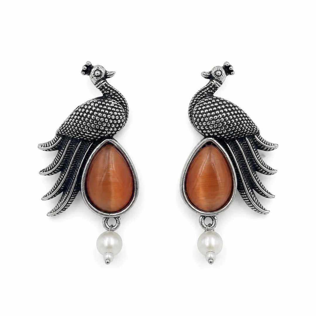 Oxidised Peacock Stone Pearl Drop Earrings