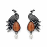 Load image into Gallery viewer, Oxidised Peacock Stone Pearl Drop Earrings
