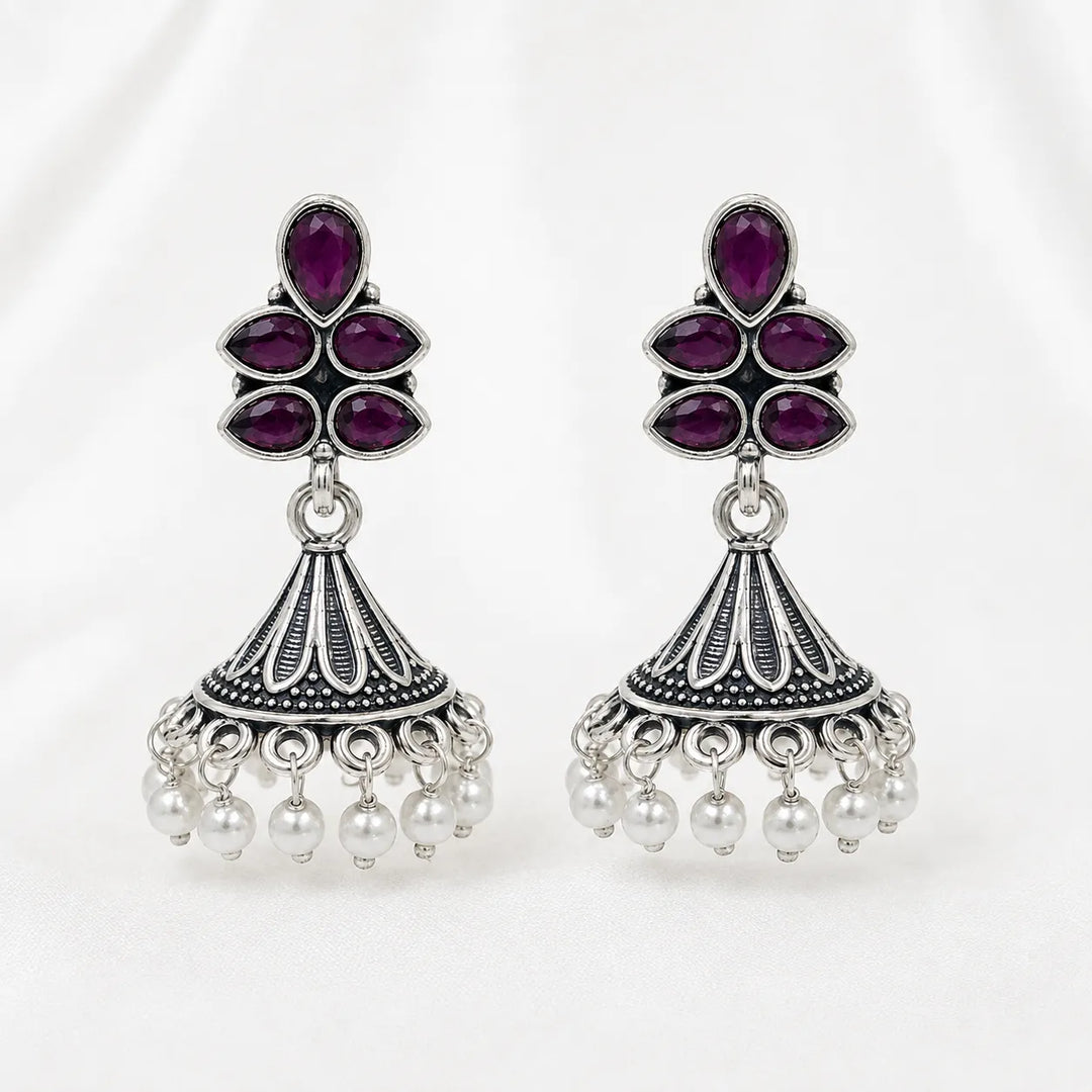 Oxidised Floral Top Bell Jhumka with Pearl Drops