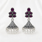 Load image into Gallery viewer, Oxidised Floral Top Bell Jhumka with Pearl Drops
