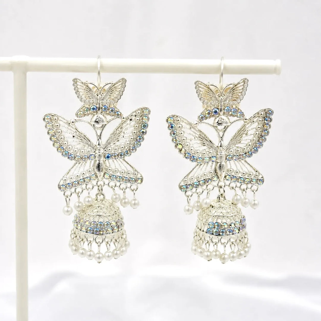 Silver Crystal Butterfly Jhumka Earrings