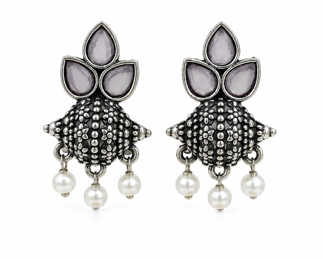 Oxidised Tri-Petal Dome Jhumka with Pearl Drops