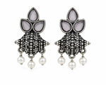 Load image into Gallery viewer, Oxidised Tri-Petal Dome Jhumka with Pearl Drops
