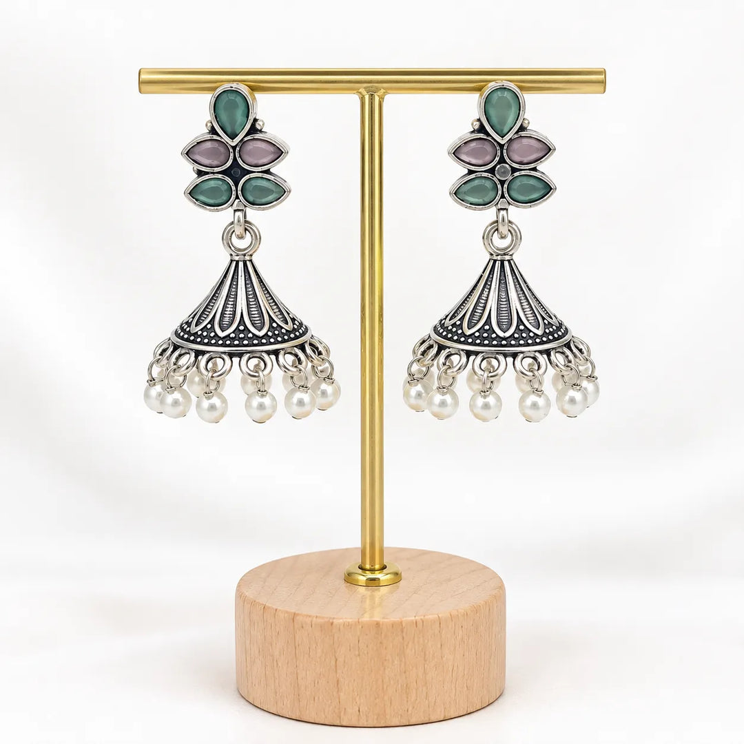 Oxidised Floral Top Bell Jhumka with Pearl Drops