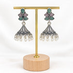 Load image into Gallery viewer, Oxidised Floral Top Bell Jhumka with Pearl Drops
