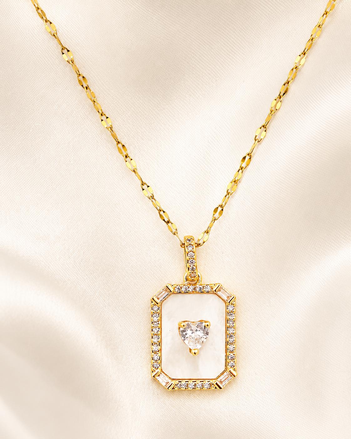 White enamel heart frame necklace