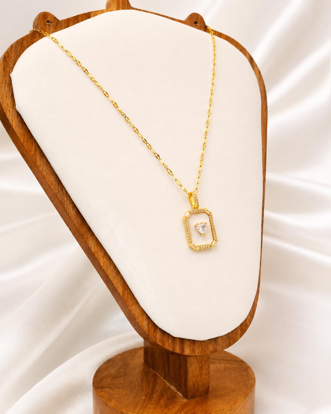 White enamel heart frame necklace