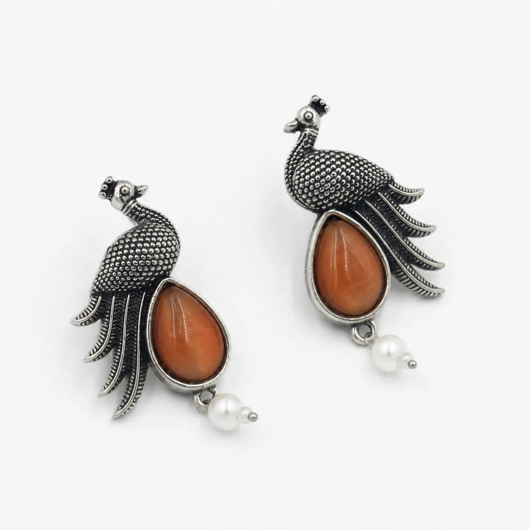 Oxidised Peacock Stone Pearl Drop Earrings