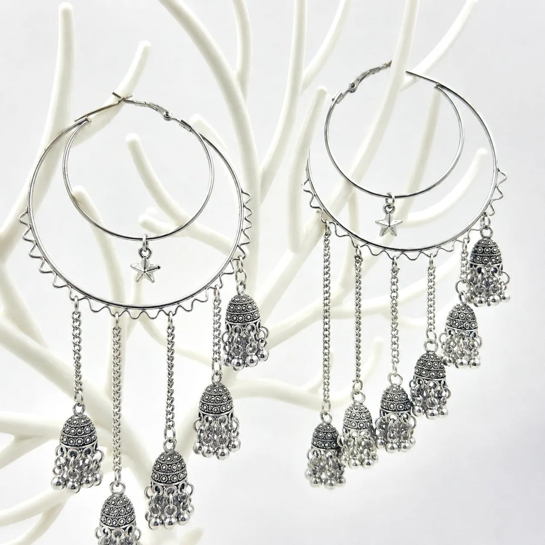 Crescent Moon Multi Jhumka Tassel Hoop Earrings