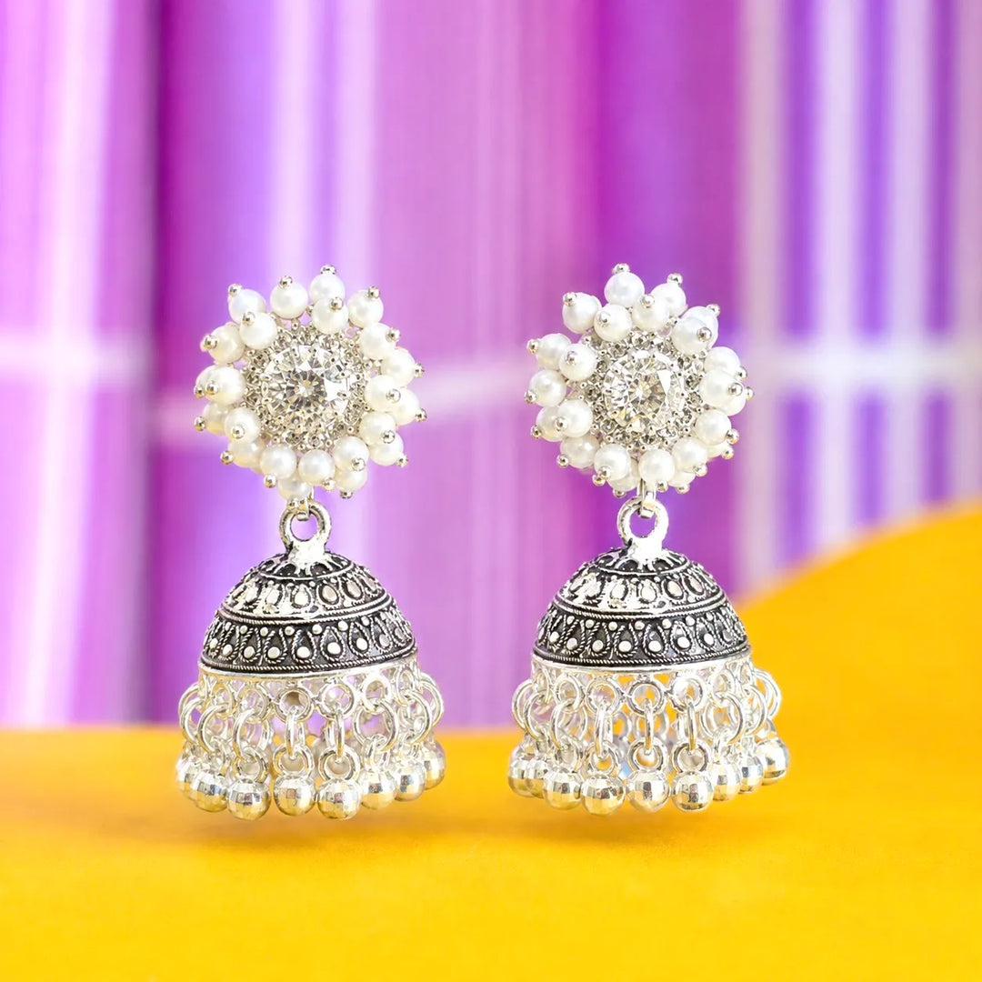 Silver Pearl Cluster Jhumka Earrings